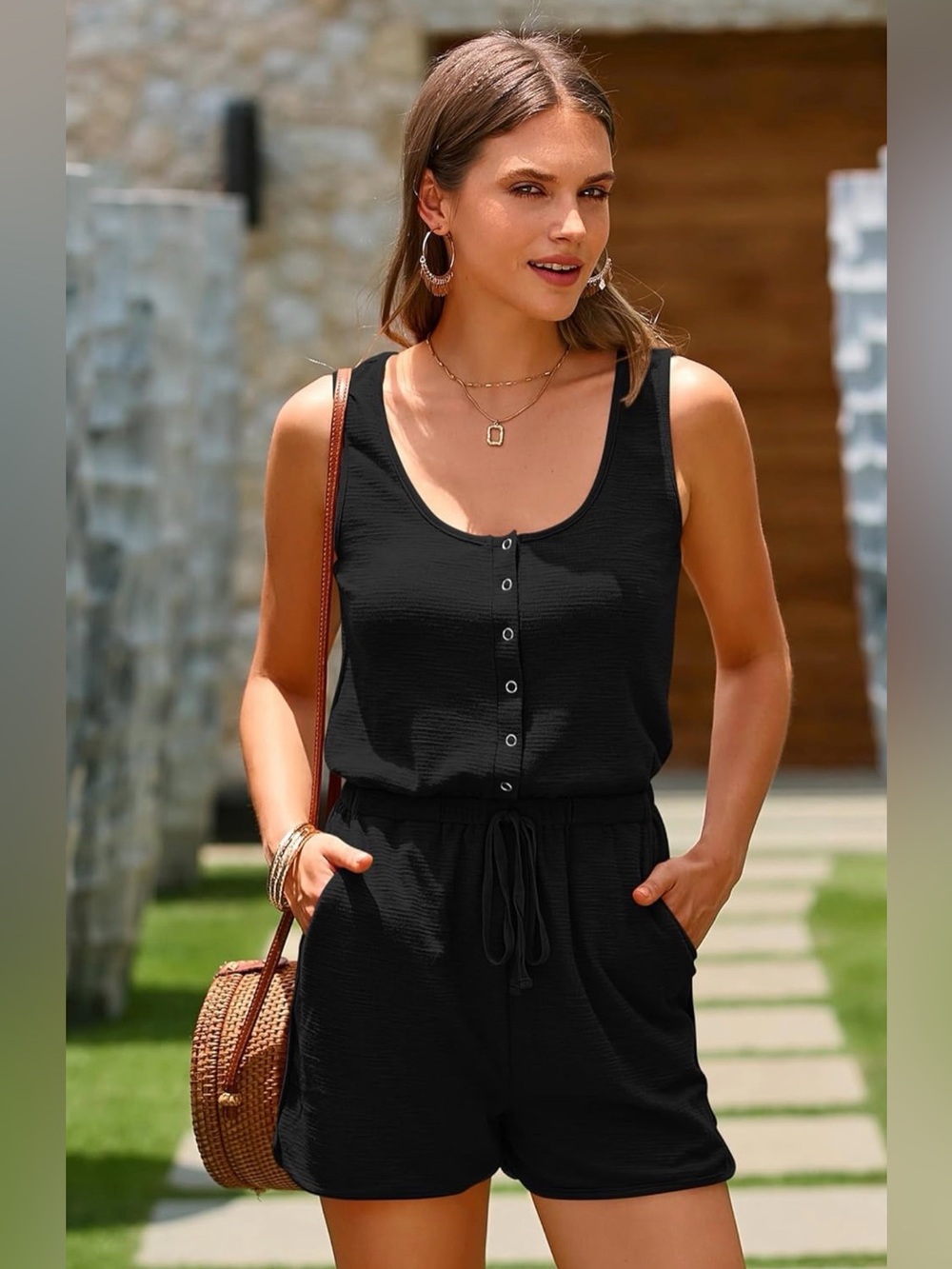 PRETTYGARDEN Black Button-Front Sleeveless Romper